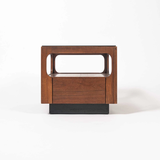 Brown Saltman Side Table With Drawer & Smoke Glass Top