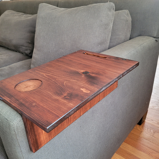 Handmade Wood Couch Arm Table With Extension. Stained Wood, Dark Finish. Custom. Sofa Overhang, Tray. Couch Tray Ledge