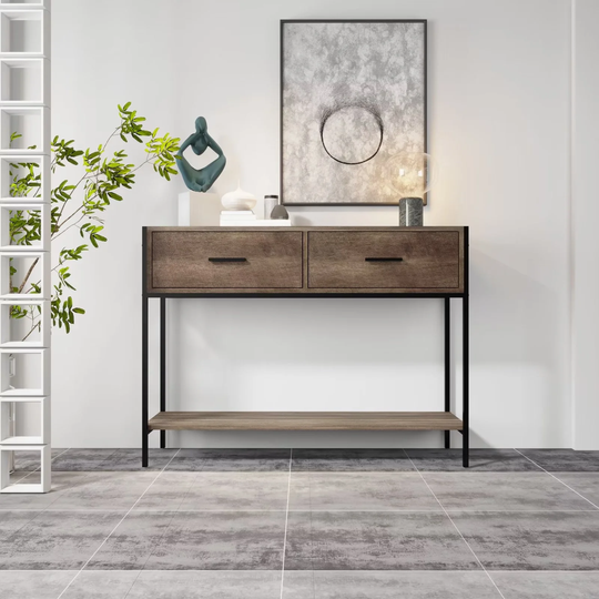 Industrial Console Table with 2 Drawers and Open Shelf, Vintage Long Sofa Table, Entryway Foyer Table
