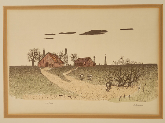 Vintage 1980 Lithograph Hand-Colored & Pencil-Signed By R. Bumpass -West Texas Old Farmhouse, Barn, Windmill, Cows Oil Derricks -16x20
