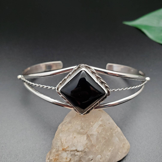 925Forher Black Onyx Square Bracelet Cuff | Sterling Silver Southwest Dainty