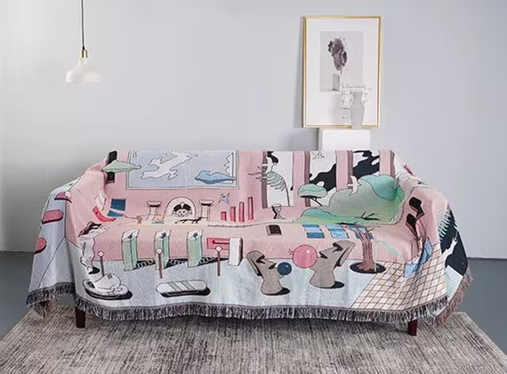 Unique Cotton Sofa Throw, Egyptian Mummy Picnic Blanket, Pink Museum Summer Knitted Blanket. Ladies Kids Room Fabric Wall Hanging