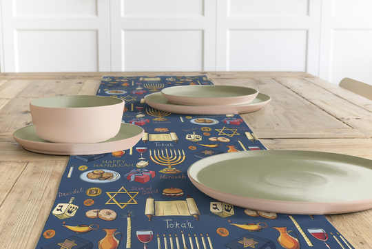 Happy Hanukkah Table Runner Linen Cotton Navy Blue Dinning Room Home Decorative