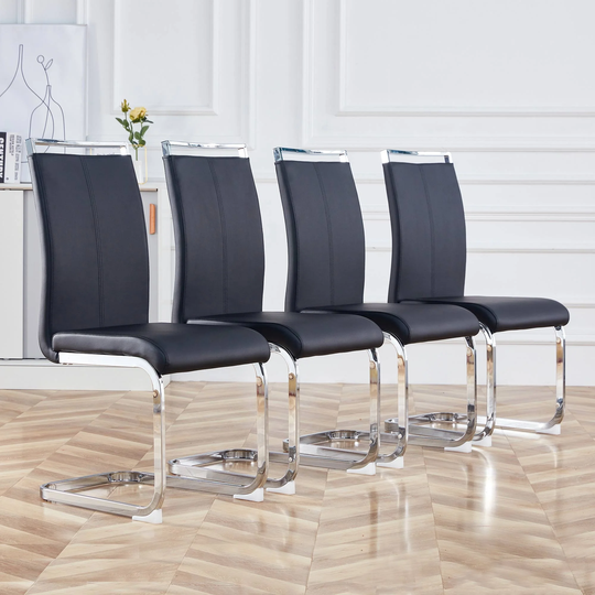 Set of 4 Modern Dining Chairs, PU Faux Leather High Back Upholstered Side Chair with C-shaped Tube Chrome Metal Legs