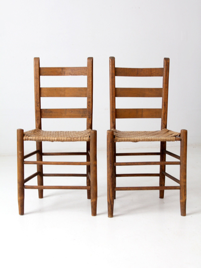 Antique Splint Weave Seat Chairs Pair