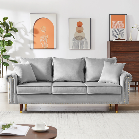Contemporary Design Velvet Sofa Couch with 2 Pillows, Modern 3 Seats Sofa with Wood Legs for Home Living Room and Bedroom