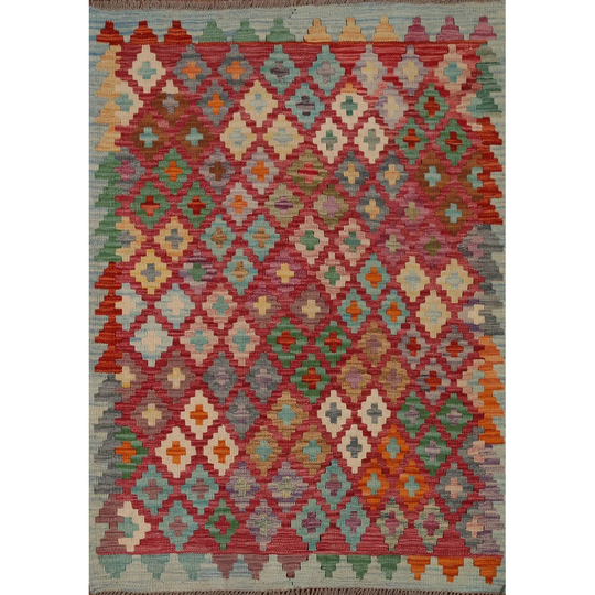 Multi-Color Kilim Area Rug Hand-woven Reversible Wool Foyer Carpet - 3'6" x 4'8"