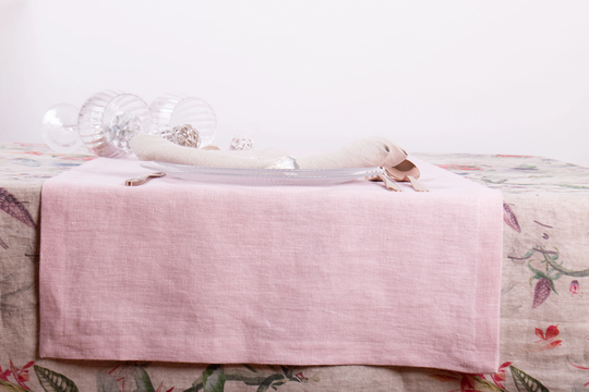 Linen Table Runner Digital Printed Dirty Pink Custom Size Wedding Runner, Handmade Washed Soft Mitered Corner, Decoration