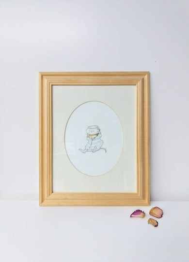 Adorable Mouse Art - Framed Pencil Drawing Cute Baby Artwork Vintage Home Decor