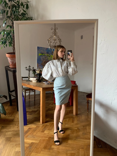 Vintage Grey Pencil Midi Skirt, Blue Mini Skirt