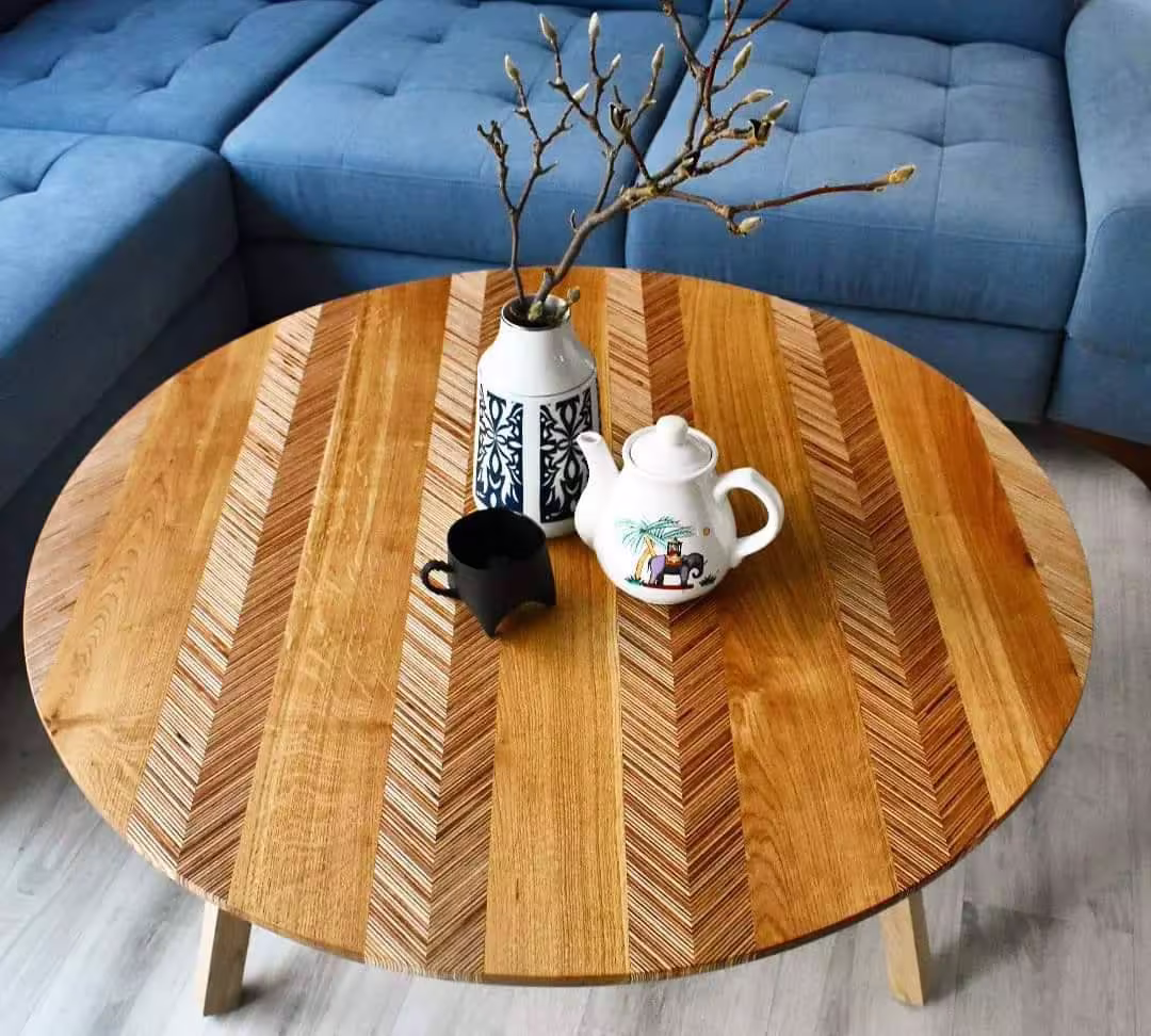 Grand Round Chevron, Plywood Coffee Table, Top, Mid Century Modern, Scandinavian Design, Chevron Style, Pattern