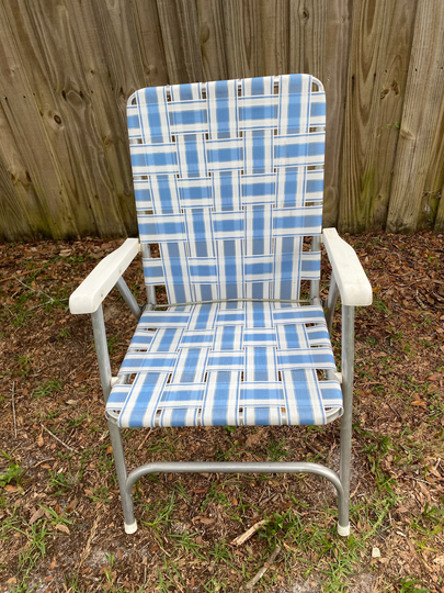 Vintage Lawn Chairs Aluminum Webbed Folding Woven Blue & White Camping Backyard Entertaining