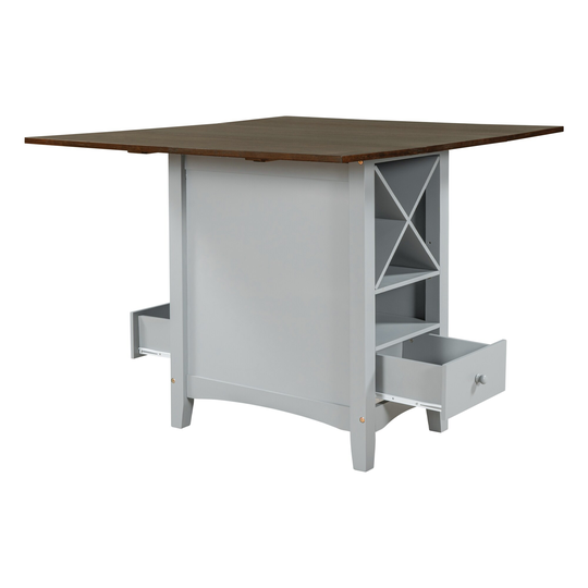 Farmhouse Wood Dining Table with Drop Leaf, Wine Rack and Drawers