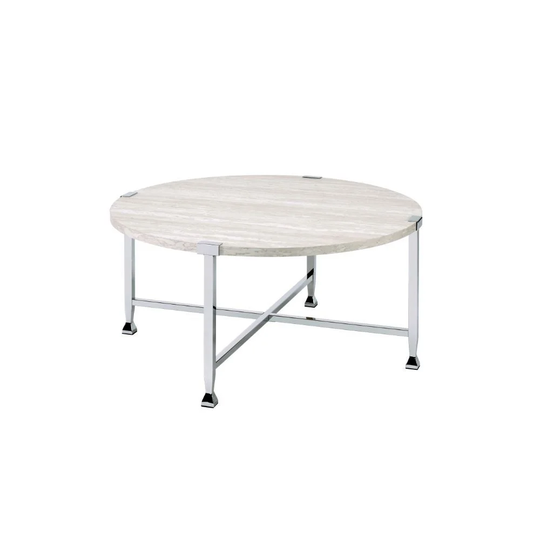 Coffee Table, White Oak &Chrome Round Coffee Table : NO Storage Wooden Top, Metal Frame Leg with X-Shape Support Wooden Top
