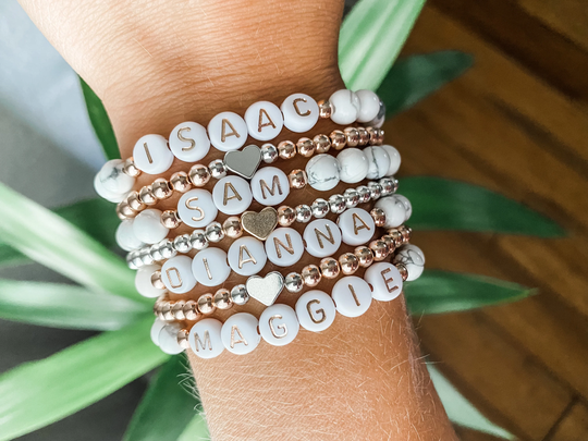 White Marble Personalized Beaded Name Bracelet, Howlite Bracelet Stack, Rose Gold, Silver Heart