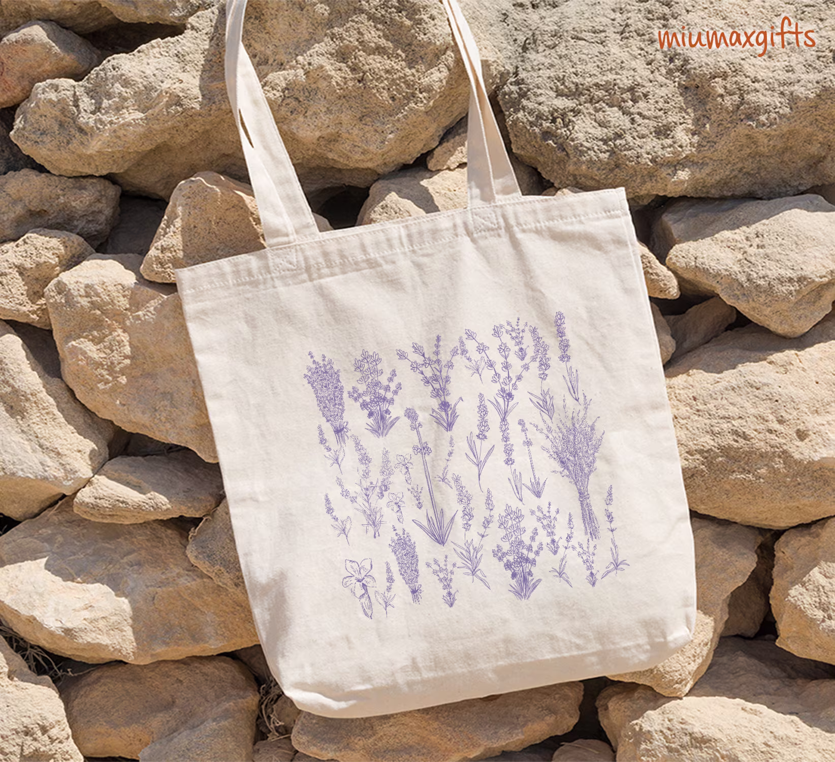 Lavender Tote Bag, Abstract Flowers Floral Design By Miumaxgifts, Cottagecore Flower Canvas Bag