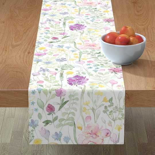 Wildflower Table Runner - Midsummer Watercolor By Lolahstudio Pink White Green Flowers Summer Cotton Sateen Spoonflower