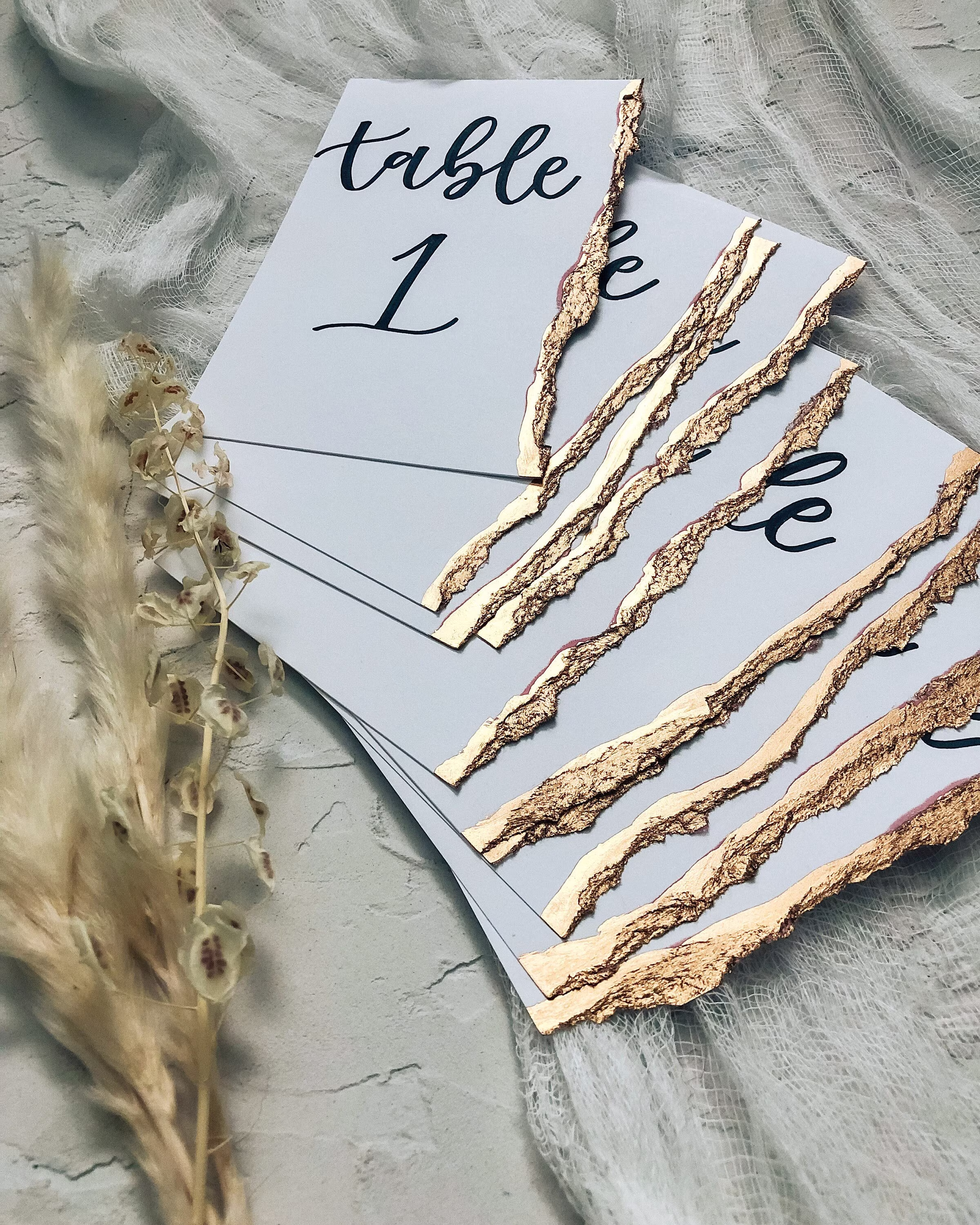 Gold Leaf Table Numbers | Unique Wedding Tablescape Décor Deckled Edge Seating Chart Assignments For Events Sold Individually
