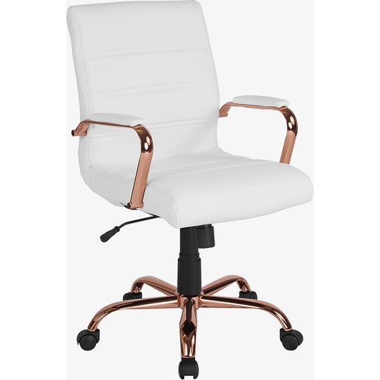 Galaxy Mid-Back Horizontal Stitching White Leather Executive Adjustable Swivel Office Chair with Rose Gold Frame