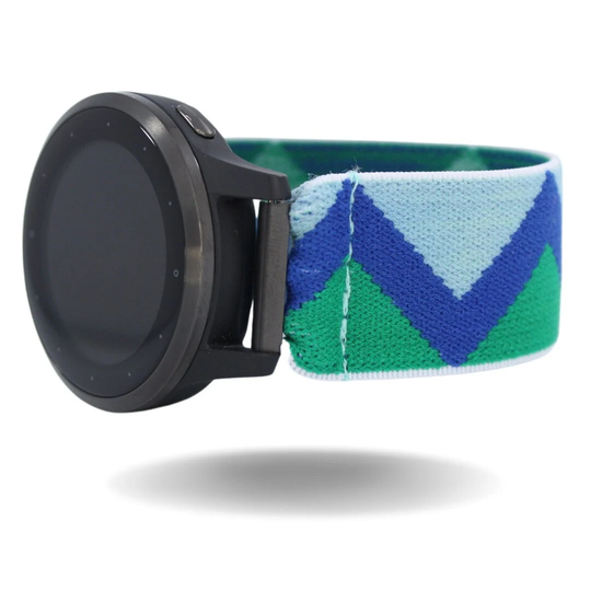 Elastic Watch Band For Garmin Vivoactive 4S - Blue Green Off White Chevron With 18mm Specialty Adapters | Handmade Stretchy Strap