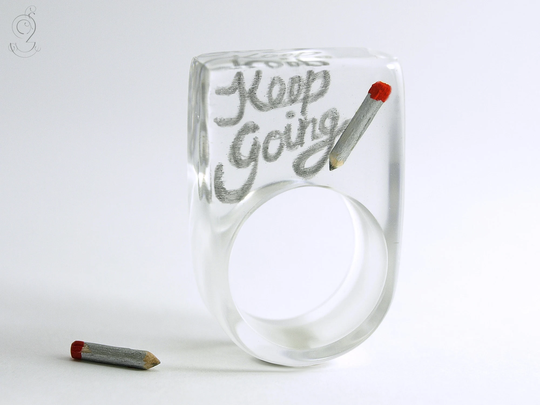 Keep Going - Calligraphic Resin Ring With Handlettering & Mini Pencil