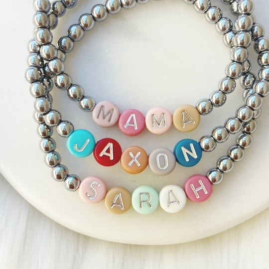 Silver Colorful Custom Word Bracelet By Sarahndipity Jewelry || Beaded, Stretch, Stackable, Rainbow, Personalized Bead Bracelet, Name, Color