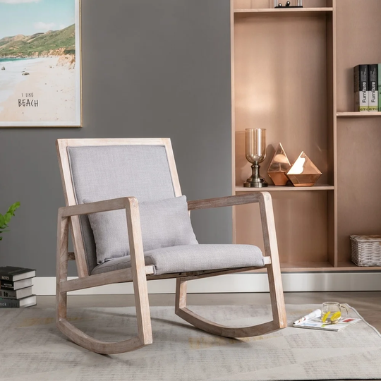 Solid wood linen antique rocking chair & removable lumbar pillow