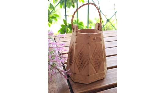 Wooden Pencil Case Or Vase Churn With Handle Decorated The Technique Of Pyrography Greek Folk Art Vintage 80's Made in Greece