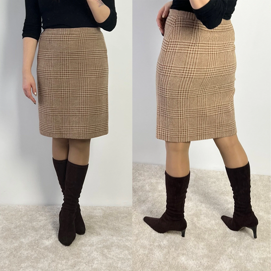 Escada Vintage Brown Beige Pencil Skirt Size M L 42 High Waisted Skirts Knee Length