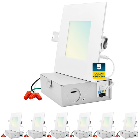Sunperian 4 inch Square Ultra-Thin LED Recessed Light J-Box 5 Color Options 10W 750 Lumens Dimmable Wet Rated 6 Pack