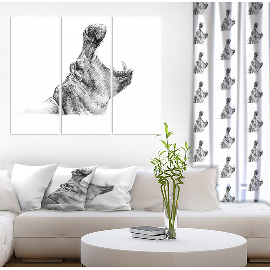 Designart 'Pencil hippo Sketch in Black and White' Animals Print on Wrapped Canvas set