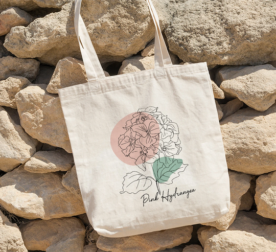 Pink Hydrangea Abstract Art Tote Bag, Flowers Floral Line Canvas Bag By Miumaxgifts