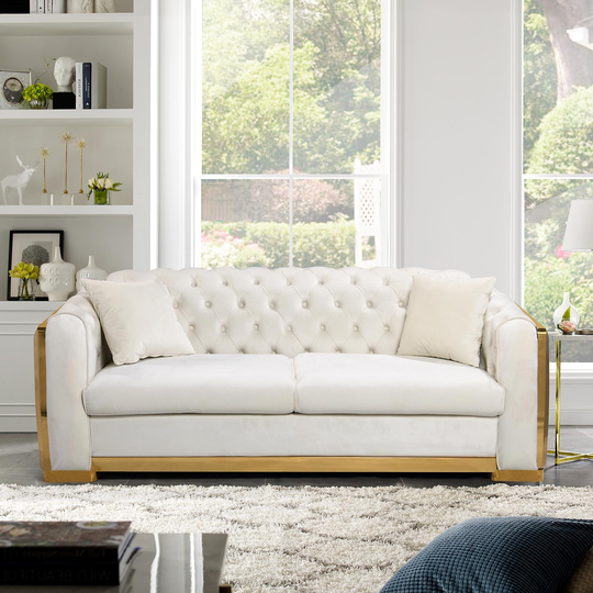 Button Tufted Velvet 3 Seater Sofa Couch with Metal Legs & 2 Pillows for Living Room