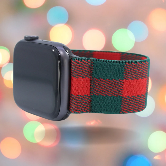Holiday Elastic Watch Band For Apple - All Series | Models 1 8, Se, Ultra | Red Green Buffalo Plaid Xmas Theme
