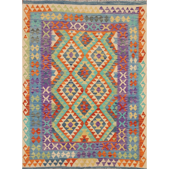 Colorful Geometric Kilim Rug Flat-weave Oriental Wool Carpet - 5'3"x 6'8"