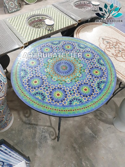 Mosaic Table Round For Outdoor-Indoor With Green & Blue Colors Many Legs Shapes Design