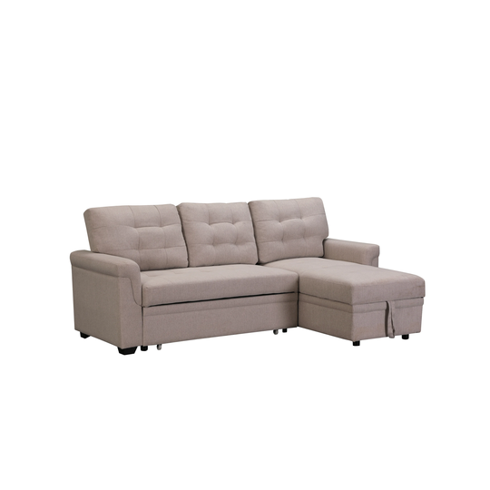 86' Fabric Reversible Pull-Out Sleeper Sofa with Tufted Cushion and Chaise Longue with Storge Space for Living Room, Bedroom