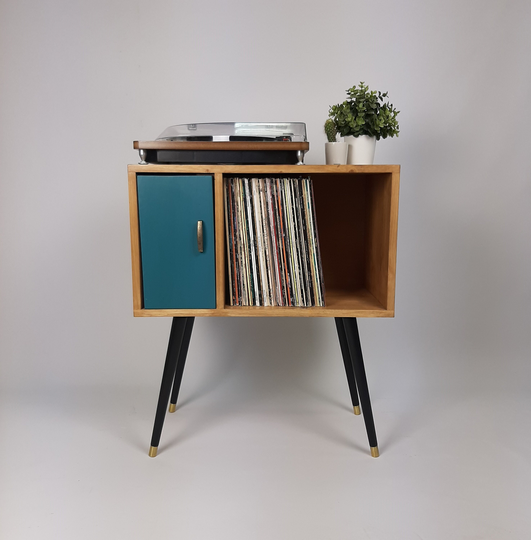 Oak Sideboard With Royal Blue Door | Vinyl Record Storage Console Table Cabinet Mid Century Modern Legs Dansette