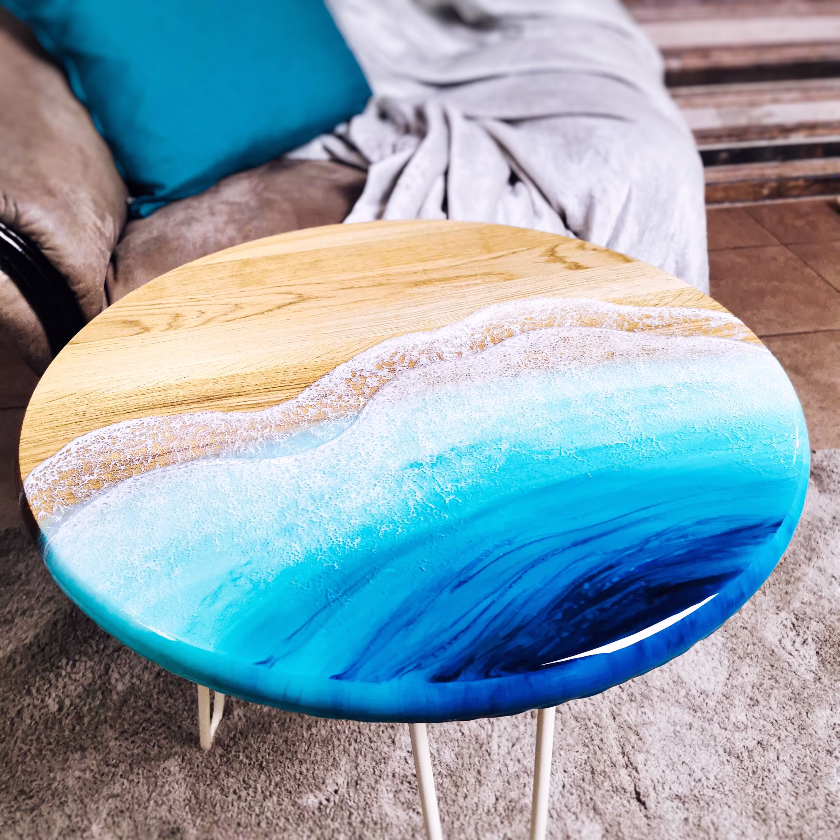 19" - Round Oak Wood Side Table - Coffee Table With Epoxy Resin Art -Hairpin Legs, Living Room, Rustic, Beach House Decor, Themed