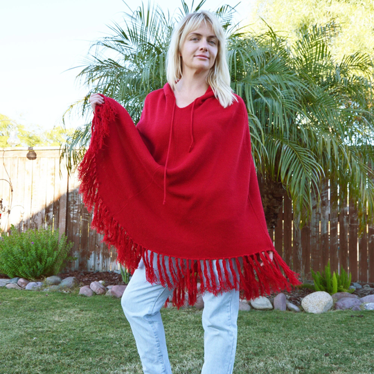 Red Knit Poncho Fringe Hooded Cape Shawl Boho Christmas Vintage 1990S Sweater All Sizes Little Riding Hood