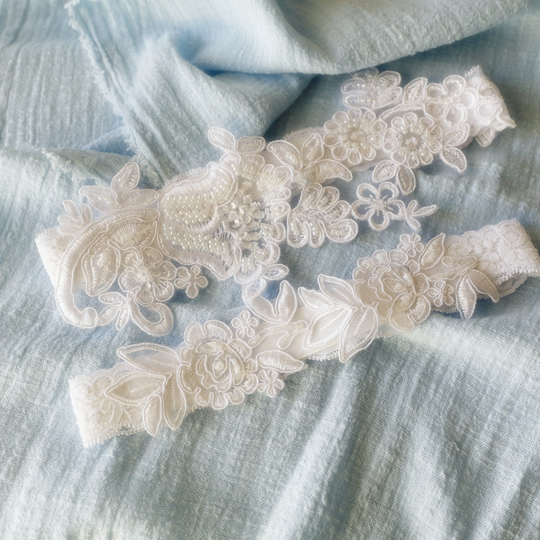 White Beaded Lace Garter Set, Bridal Wedding Garter, Wedding Set