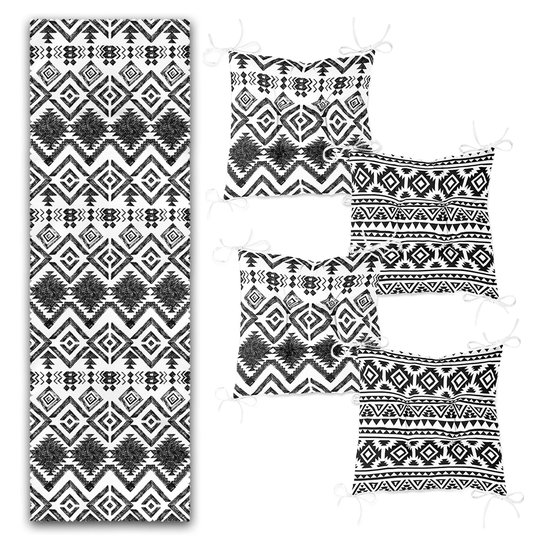 Set Of 4 Puffy Chair Pads & 1 Table Runner|Nordic Scandinavian Seat Pad Tablecloth|Ethnic Aztec Print Southwestern Cushion