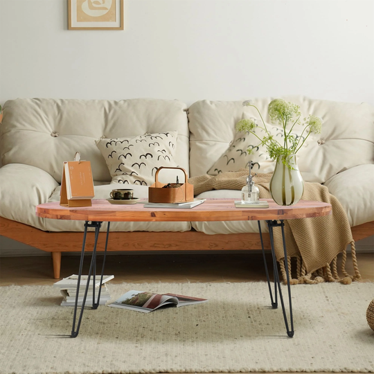 Oval Natural Center Table Modern Reclaimed Wood Coffee Table with Foldable Metal Legs End Table for Living Room,Bedroom