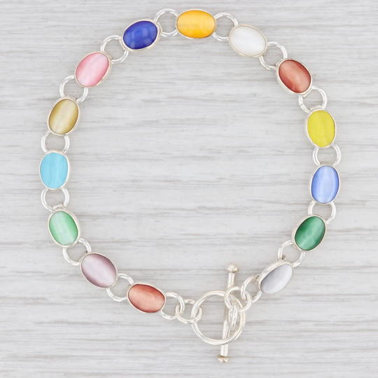 New Multi Color Glass Link Bracelet Sterling Silver 7.5" Chain Toggle Clasp