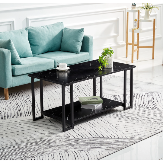 2 Layer Coffee Table,Marble MDF Rectangle 39.37" L Tabletop Iron Coffee Table