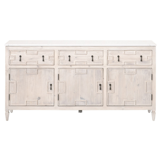 Media Sideboard with Molded Geometric Front and Quartz Top, White