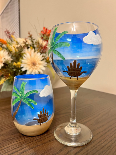 Beach Chair Wine Glass, Hand Painted Summer Custom Painted Glass