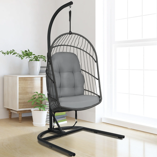 Costway Hanging Wicker Egg Chair w/ Stand Cushion Foldable Outdoor