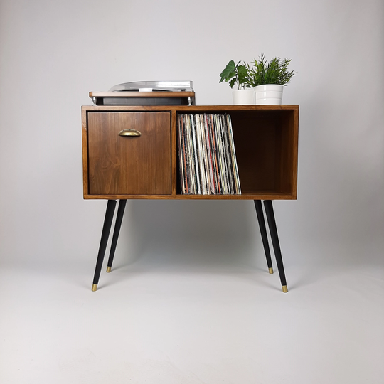 The Original Vinyl Record Table | Pull Down Door Brass Handle Sideboard Credenza Mid Century Modern