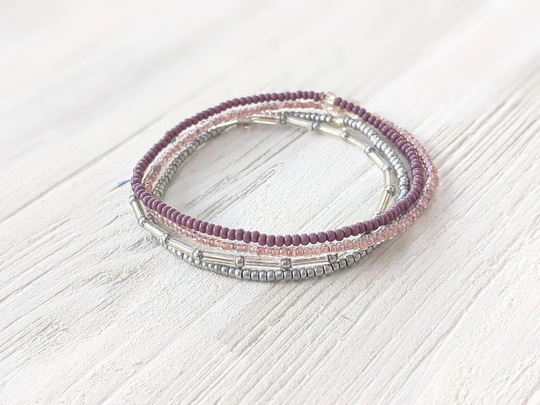 Purple Bracelet Set, Seed Bead Bracelet, Minimalist Beaded Stretch Stack, Dainty
